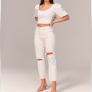 Women's Abercrombie Curve Love High Rise Mom Jean - SHORT. White Destroy